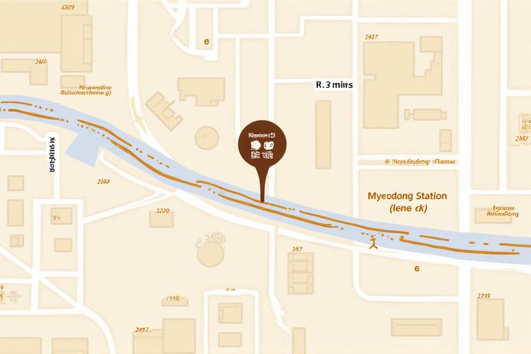 명동 아로마 카페 위치가 표시된 지도 이미지. 명동역 6번 출구에서 카페까지의 도보 경로가 쉽게 식별 가능하며 주변 주요 랜드마크가 함께 나타나 있습니다.