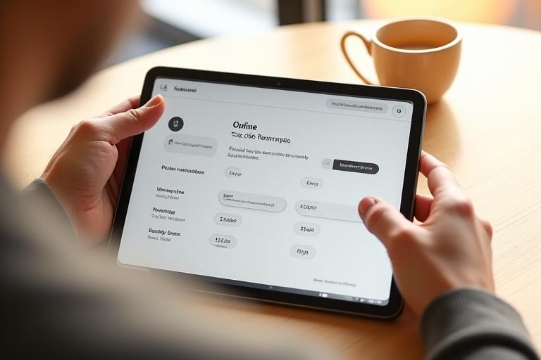온라인 예약 시스템 화면을 보여주는 태블릿 이미지. 달력 인터페이스에 예약 가능한 날짜와 시간이 표시되어 있으며, 사용자가 좌석 수와 시간을 선택하고 특별 요청사항을 입력하는 과정이 직관적으로 나타나 있습니다.