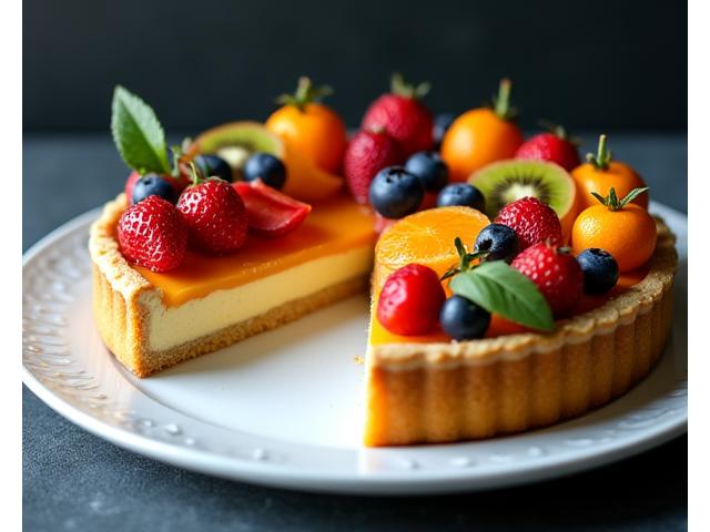 다양한 계절 과일이 풍성하게 올라간 화려한 타르트 조각