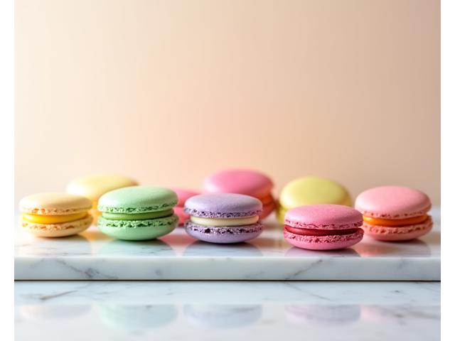 다채로운 색상의 프랑스식 마카롱이 정교하게 진열된 모습