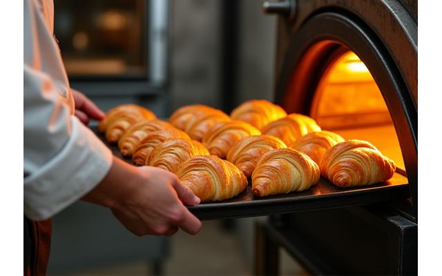 새벽 5시, 파티셰가 갓 구운 빵을 오븐에서 꺼내는 모습