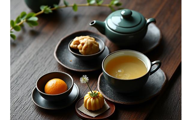 따뜻한 한국 차와 전통 약과, 한과를 함께 차려 놓은 모습