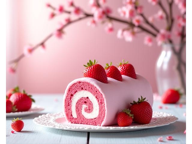 벚꽃으로 장식된 분홍색 딸기 롤케이크
