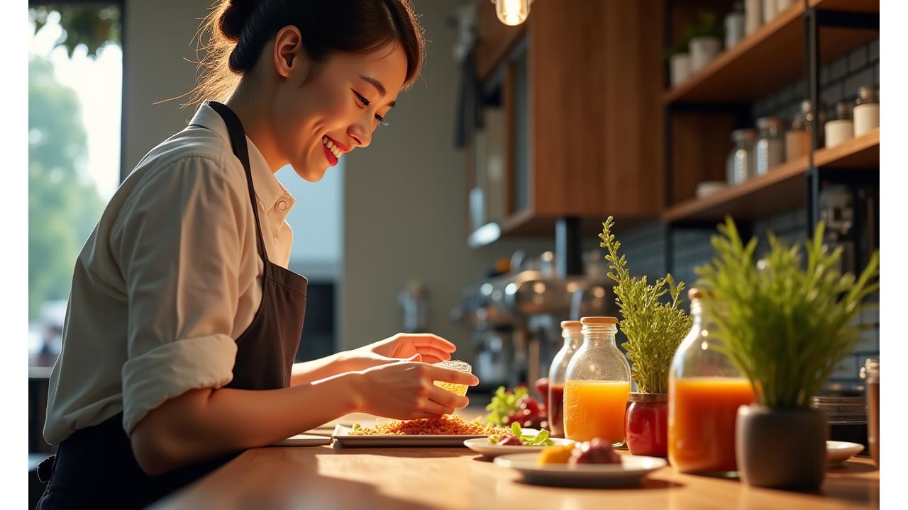 바리스타가 다양한 재료들 앞에서 맞춤 음료를 제조하는 모습