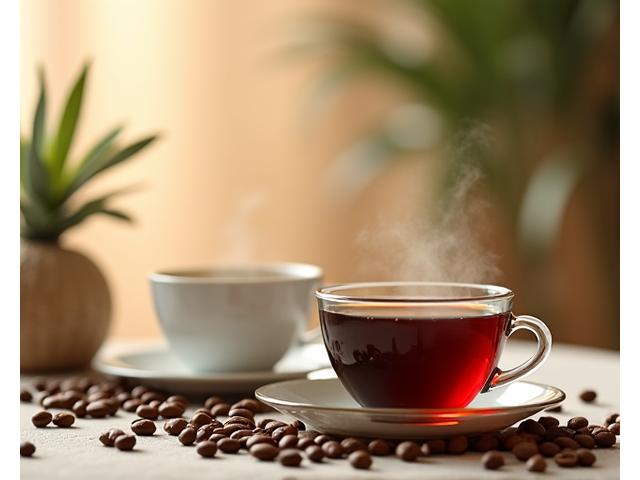 디카페인 커피 원두와 우아하게 추출된 디카페인 커피 한 잔