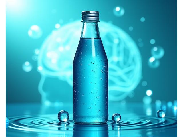 맑고 푸른색 기능성 음료와 두뇌 활동을 연상시키는 그래픽