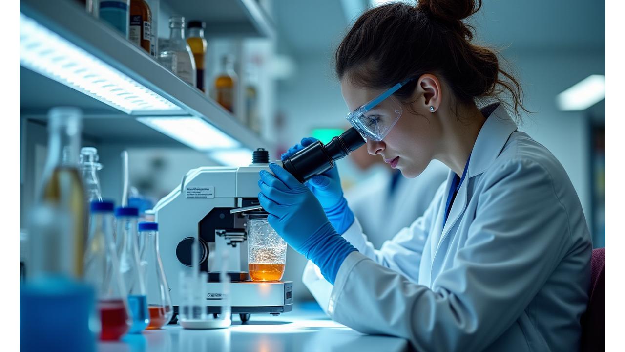 연구실처럼 보이는 공간에서 음료 성분을 분석하는 과학자