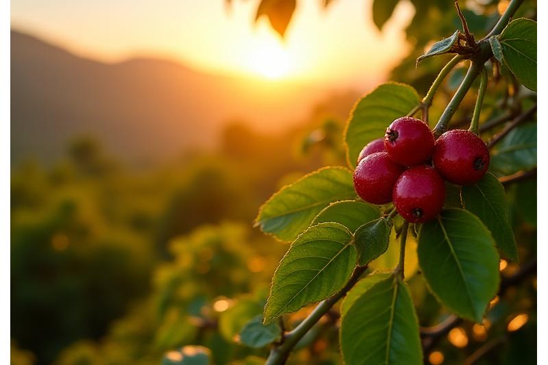 에티오피아의 햇살 아래 잘 익은 커피 체리