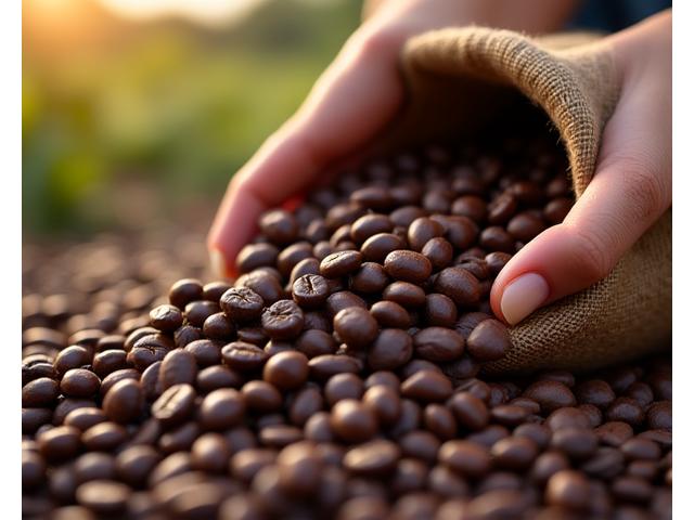 공정무역 인증 스페셜티 커피 원두가 담긴 자루와 로컬 농부의 손
