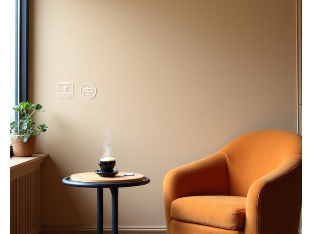 정갈하게 정돈된 카페 내부와 '정숙'을 뜻하는 아이콘